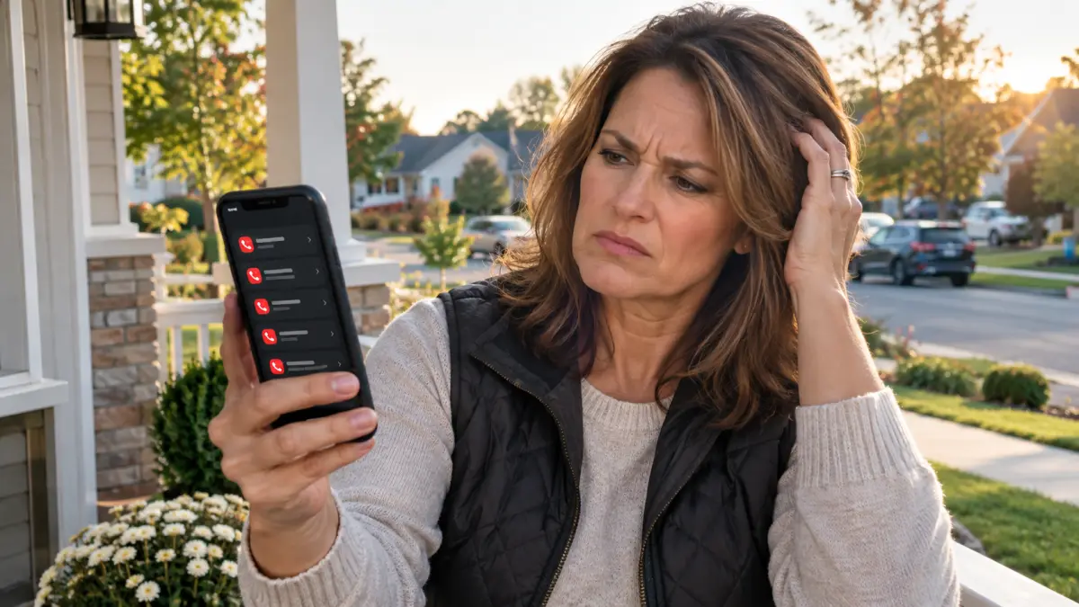 Homeowner looking at a phone screen showing several missed calls from unknown numbers