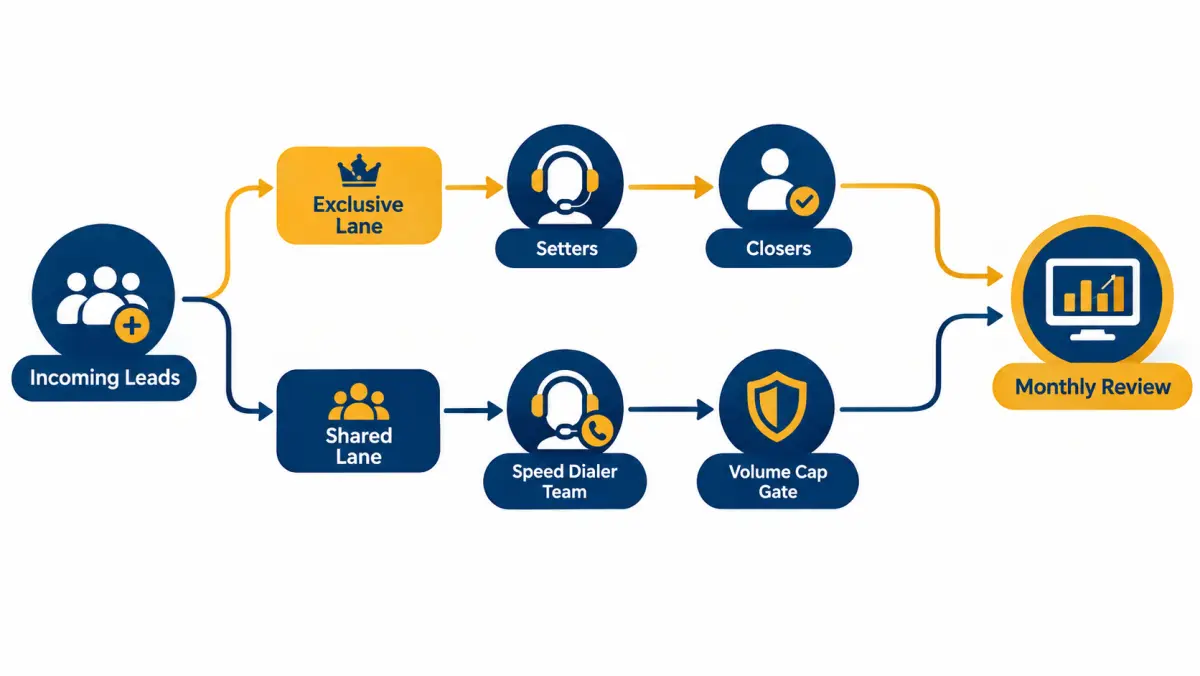 Flow diagram showing incoming leads split by type into a speed team queue and a setter queue, then merging into a closer calendar