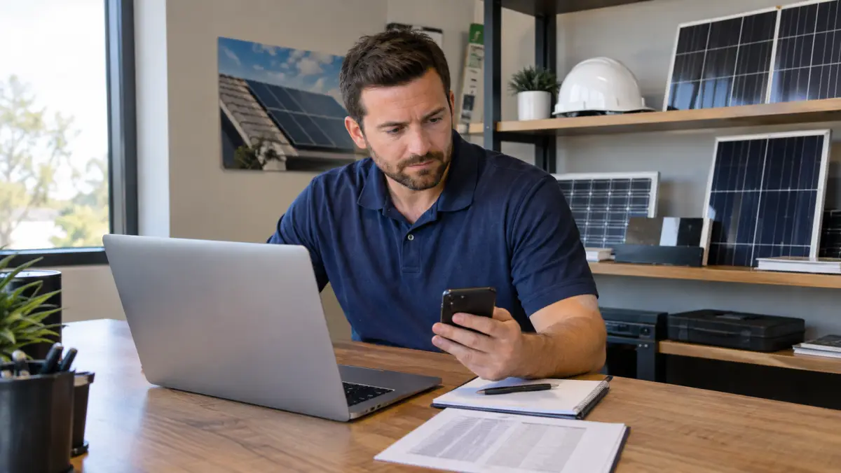 Solar business owner at a small office desk reviewing paperwork with a phone and laptop beside him