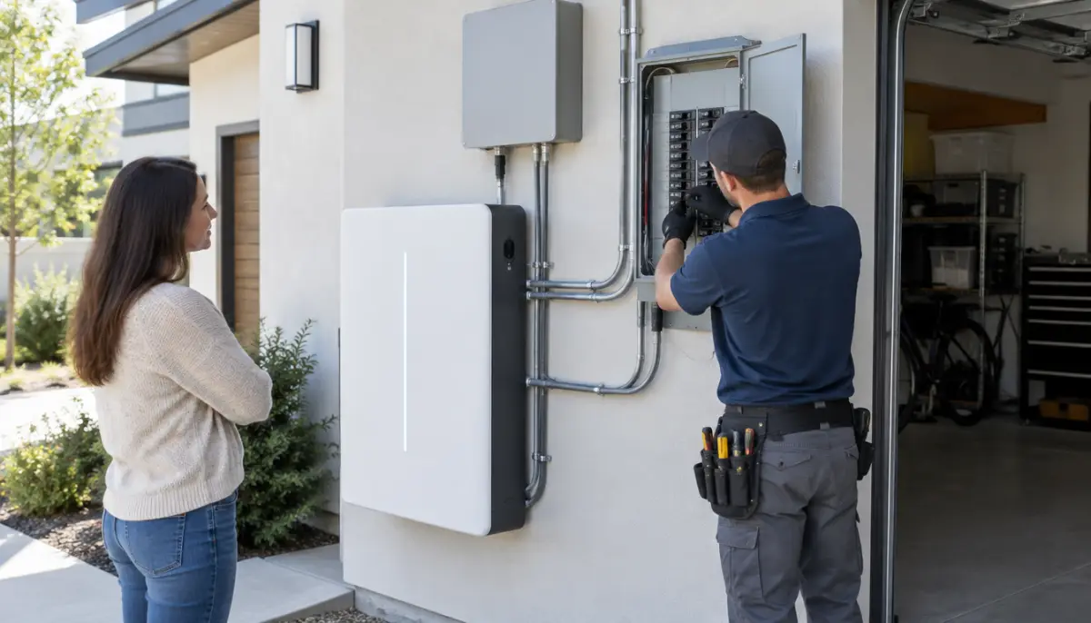 Installer explaining a home battery and solar inverter installation to a homeowner in a garage