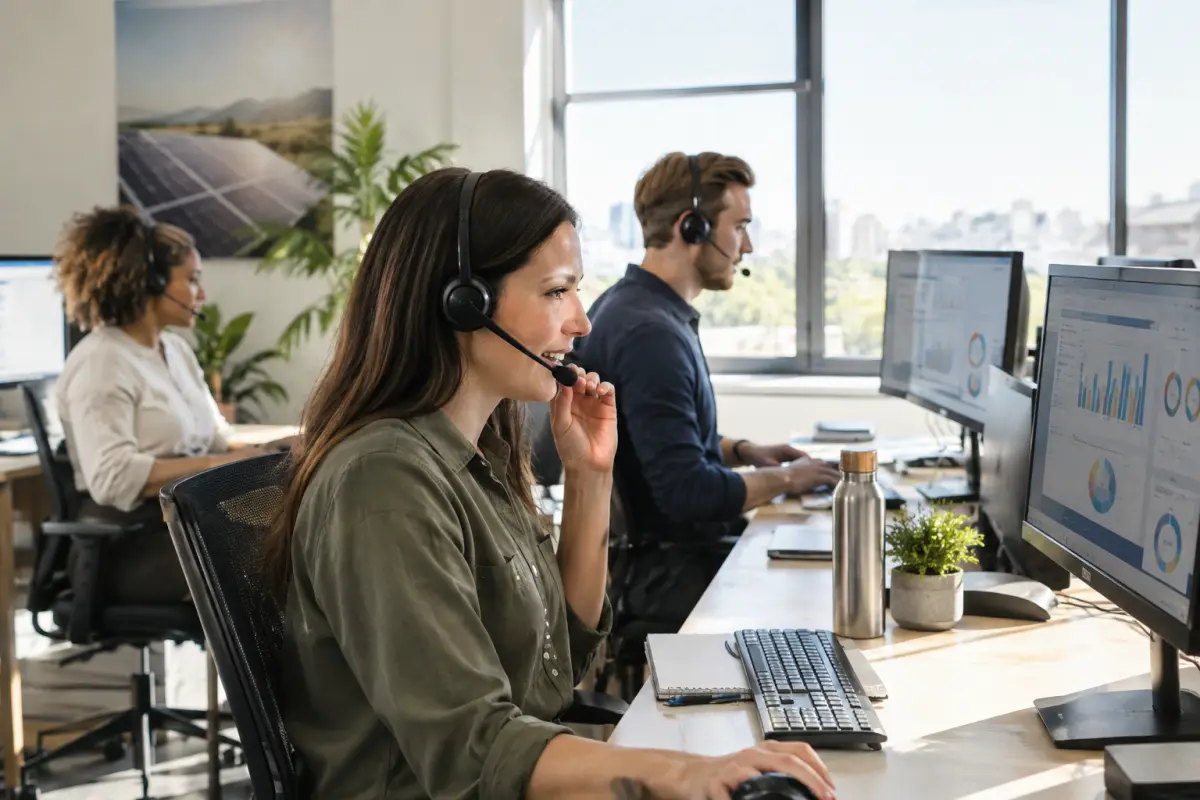 Small solar sales team on headsets making calls in an open office