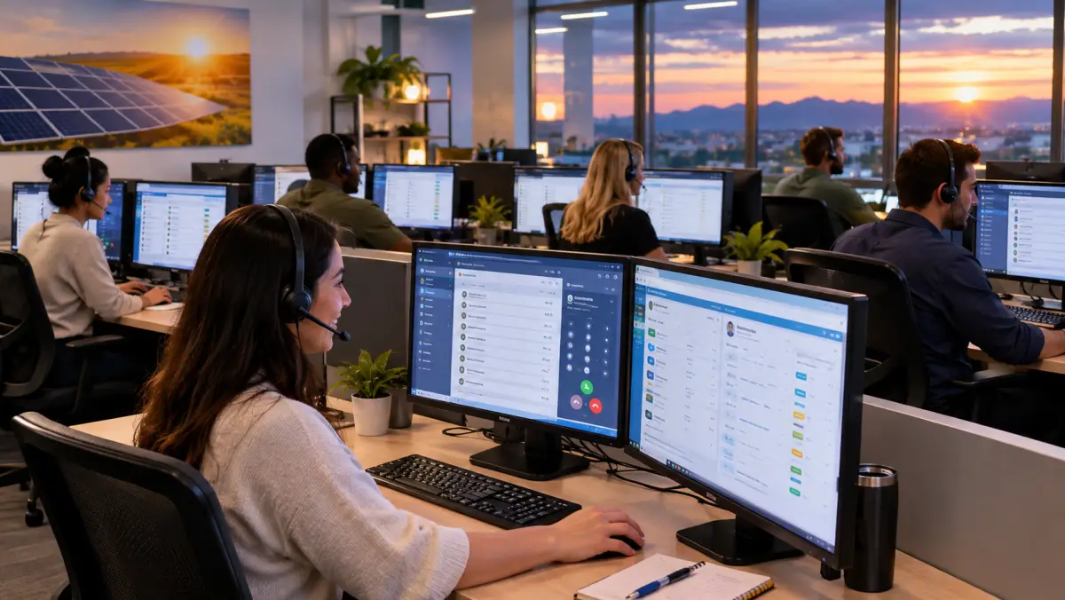 Row of sales reps with headsets working at a dialer-equipped call center