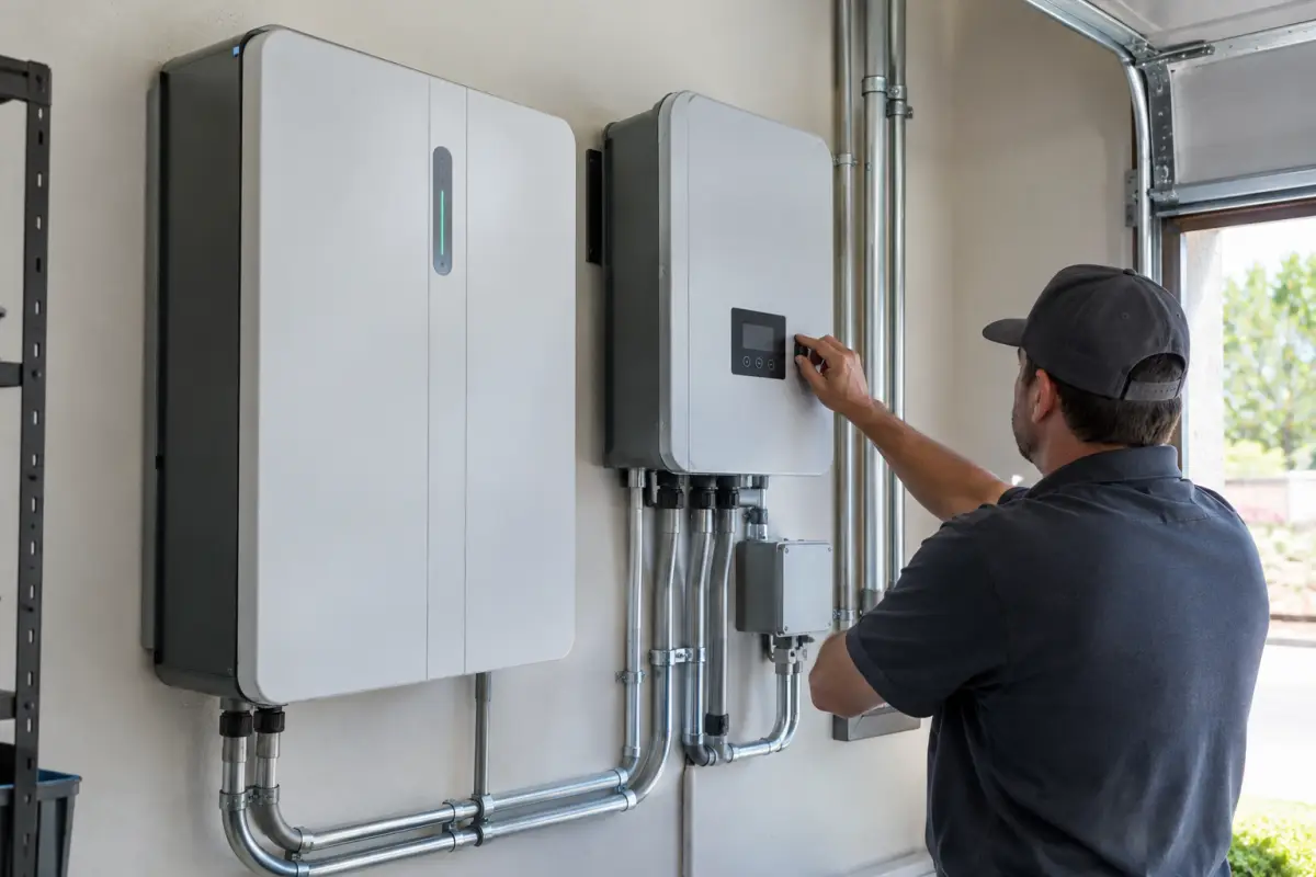 Unbranded wall-mounted home battery and inverter on a garage wall with neat conduit, electrician adjusting a panel
