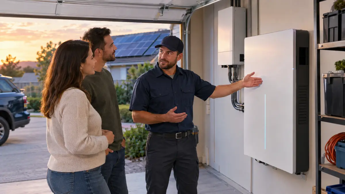 Solar installer showing a wall-mounted home battery in a garage to a homeowner couple, with rooftop solar visible outside