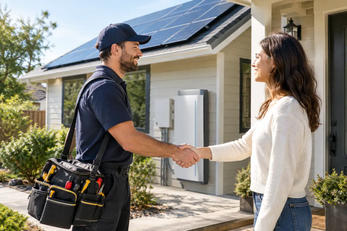 Installer shaking hands with a homeowner on a front porch after a battery installation