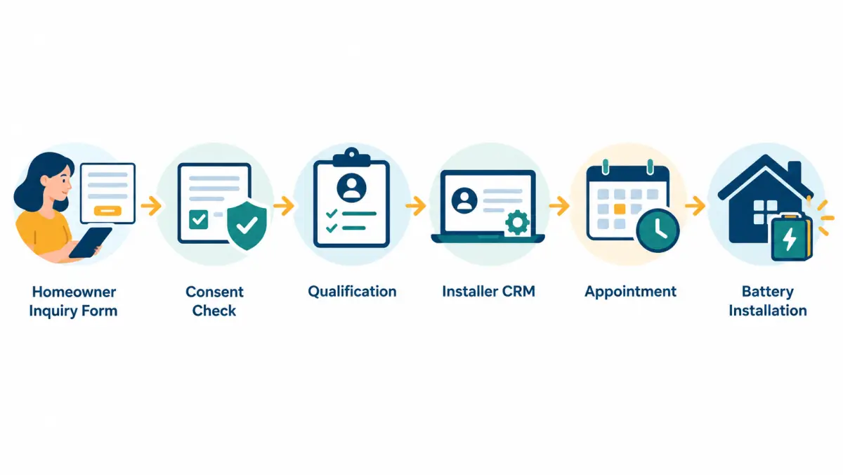 Flow diagram of a storage lead from inquiry and consent through qualification, CRM, appointment and installation