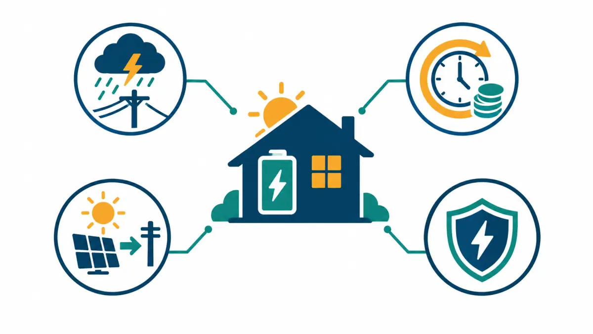 Diagram of four battery buyer motivations around a house with a battery: outages, time-of-use rates, net metering exports and independence