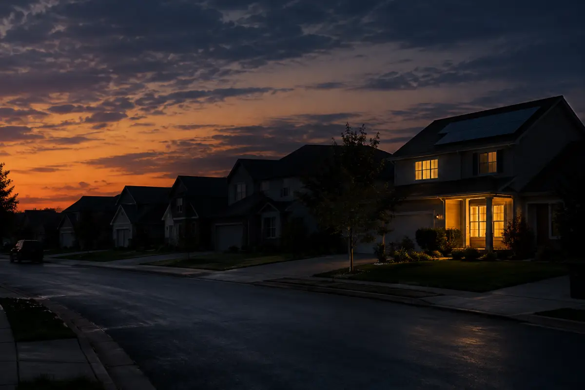Suburban street at dusk during a power outage with one house lit, which has rooftop solar