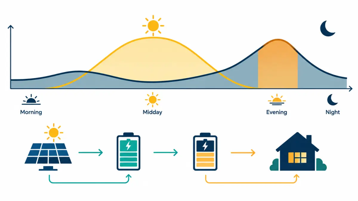 Concept chart of a daily time-of-use pattern with a battery shifting midday solar into the evening peak