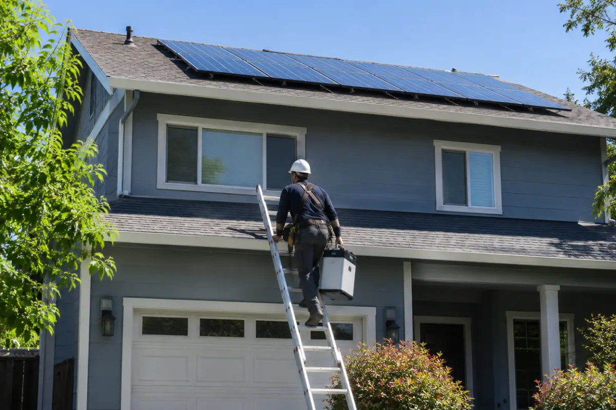 Two-story home with an older rooftop solar array and an installer carrying battery equipment up a ladder