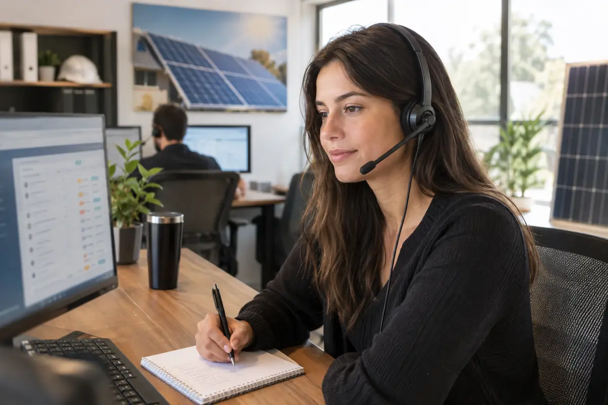 Inside sales setter with a headset working storage leads at a desk in a solar company office