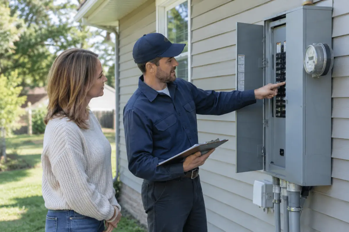 Installer pointing at an exterior electrical main panel while talking with a homeowner, clipboard in hand