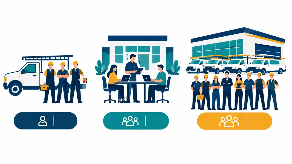 Three installer company sizes side by side: a small crew truck, a mid-size office and a large regional operation