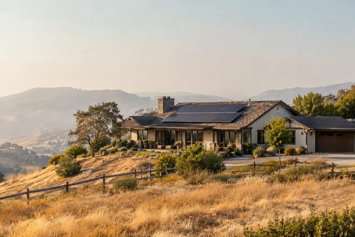 Ranch-style home with solar panels on a dry golden hillside in the western United States