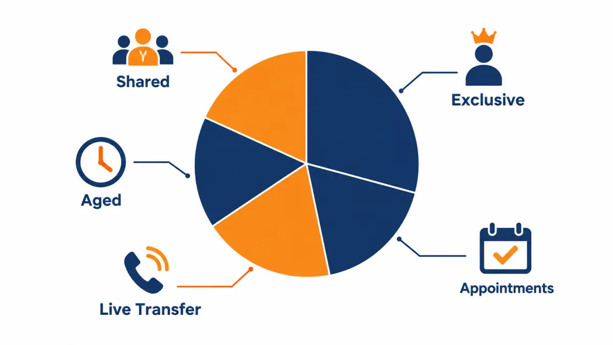 Allocation diagram splitting a lead budget across exclusive, shared, aged, live transfer and appointment products