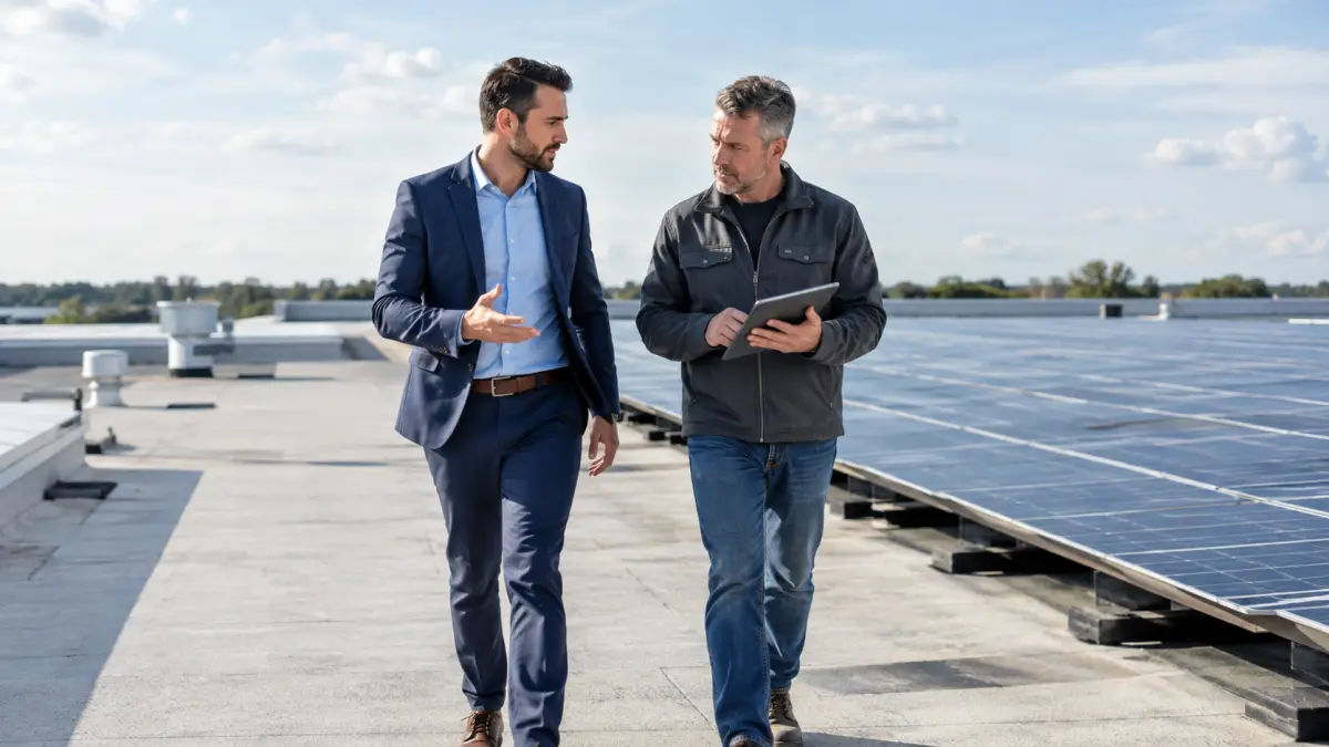Commercial solar sales rep walking a flat warehouse rooftop with a facility manager