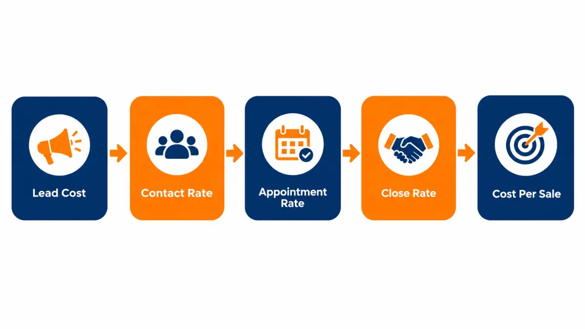 Diagram showing how lead price flows through contact, appointment and close rates into cost per sale