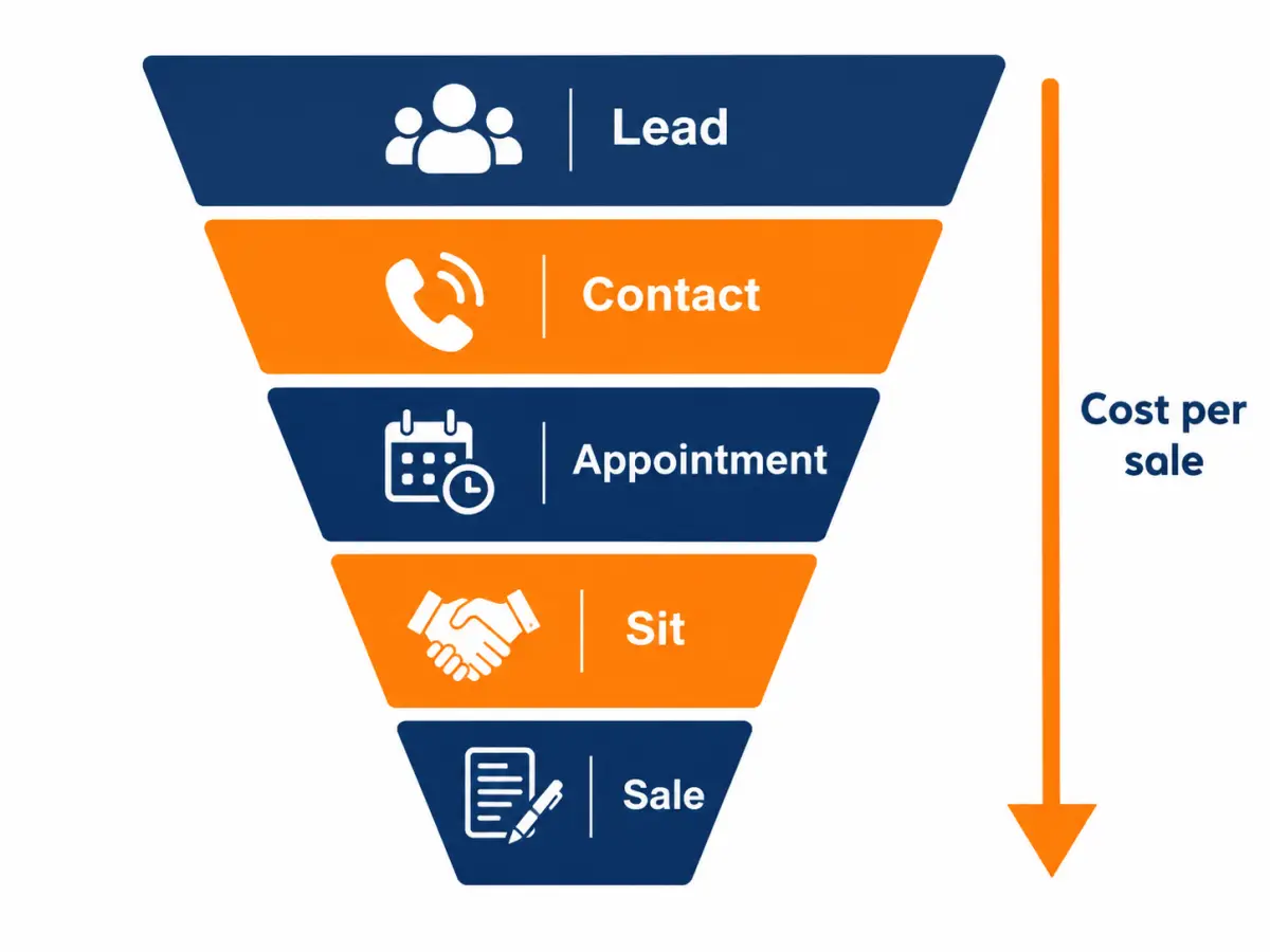 Sales funnel narrowing from lead to contact, appointment, sit and sale