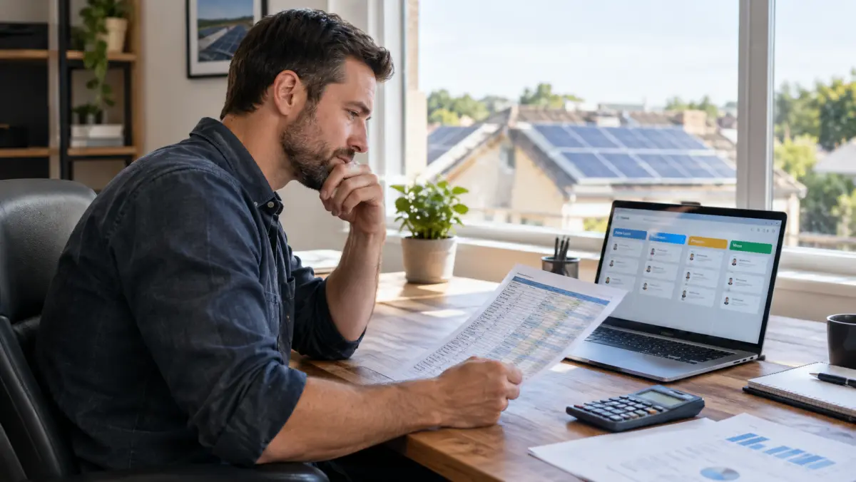 Solar company owner reviewing lead costs on a spreadsheet and laptop with rooftop panels visible through the window