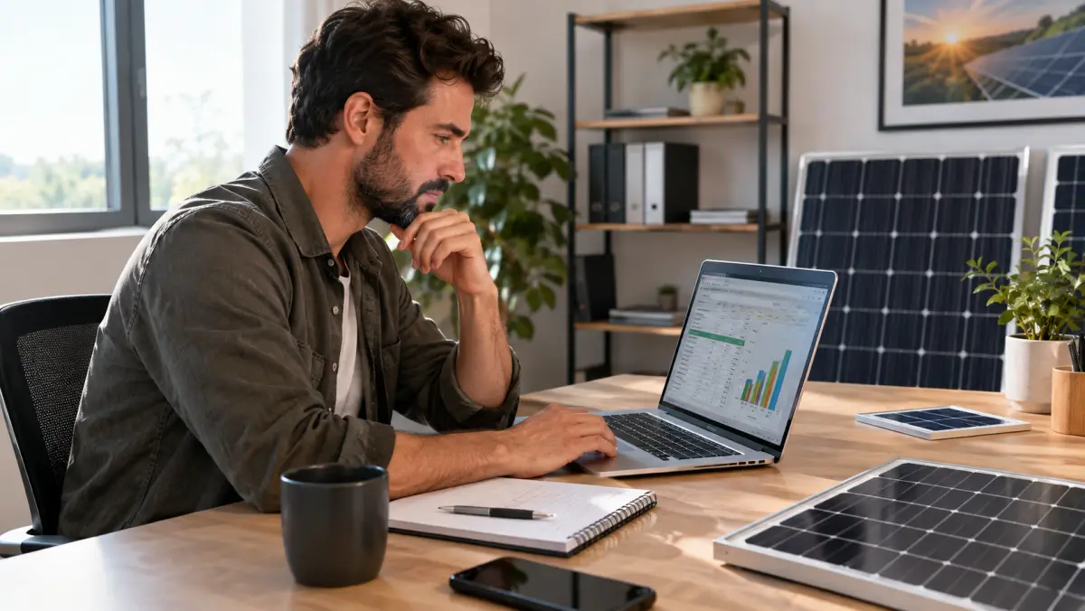 Solar installer owner reviewing a monthly marketing budget spreadsheet on a laptop