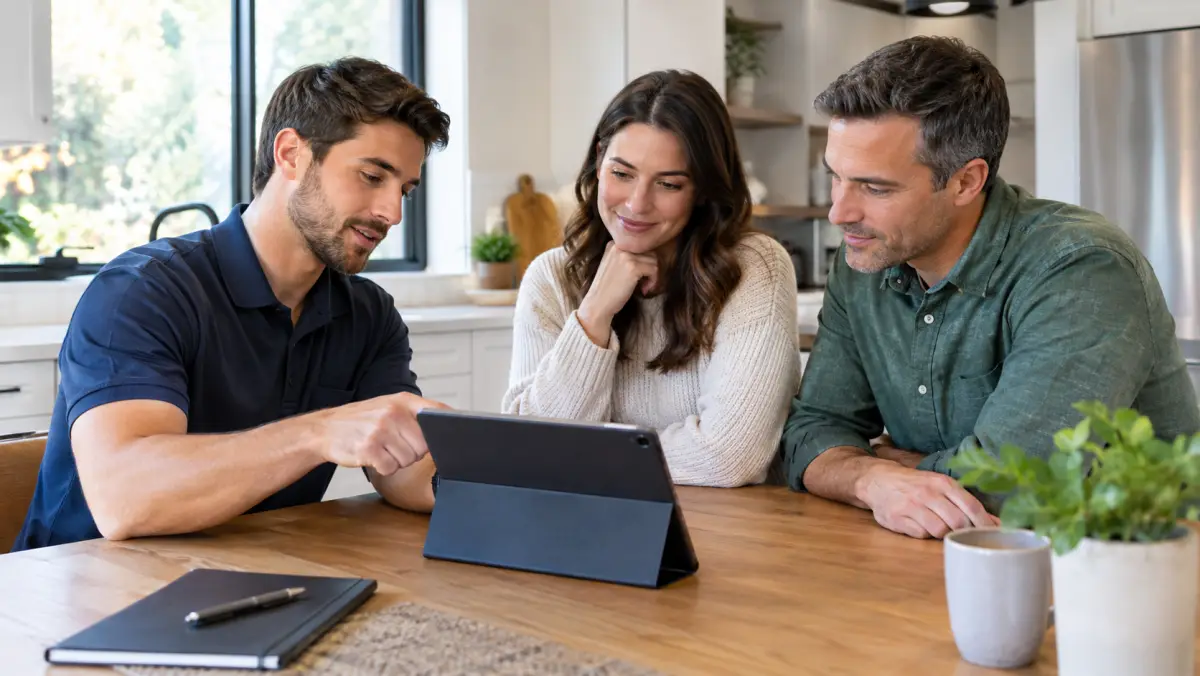 Solar consultant meeting a homeowner couple at a kitchen table reviewing a proposal on a tablet