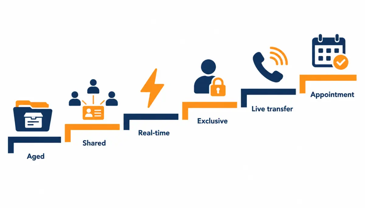 Diagram of solar lead types as steps from aged to shared, real-time, exclusive, live transfer and booked appointment