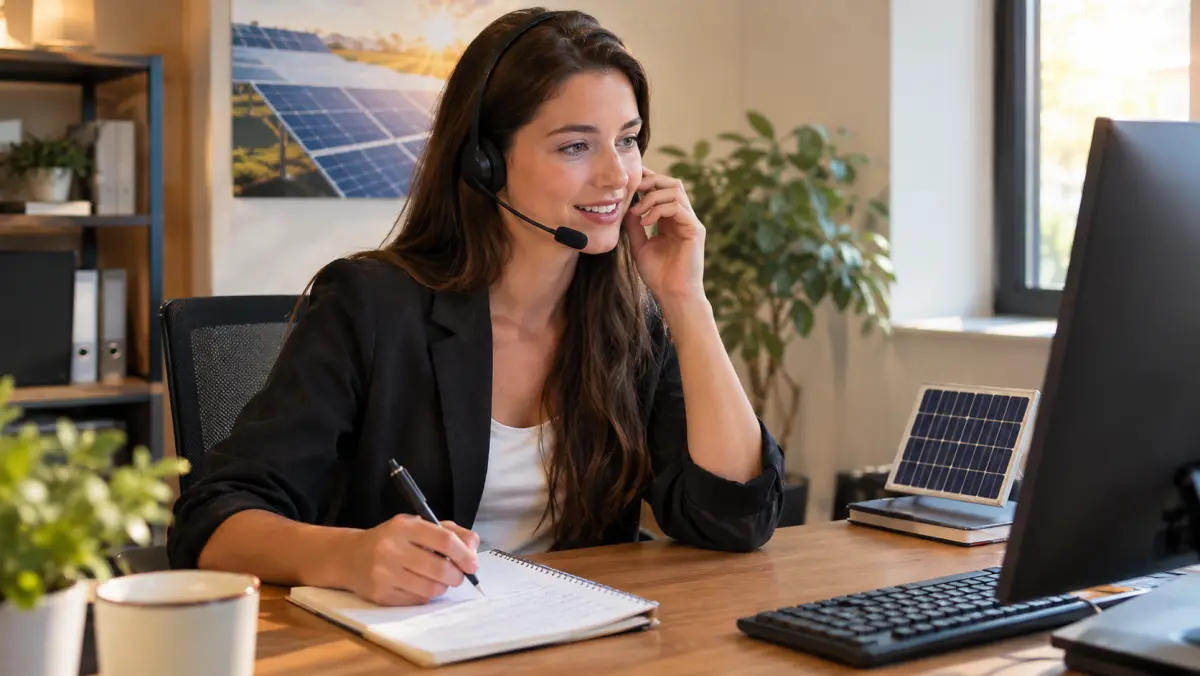 Solar sales rep at a desk taking a live transferred phone call with a headset and notepad
