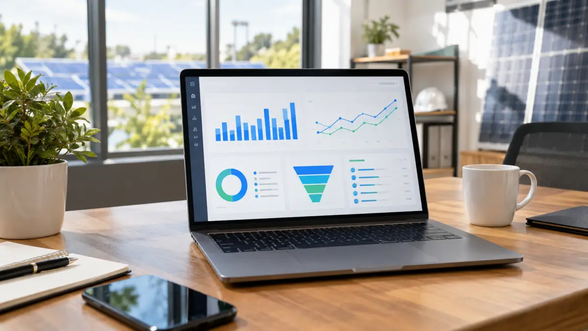 Laptop showing a generic lead tracking dashboard with abstract charts on an installer's desk