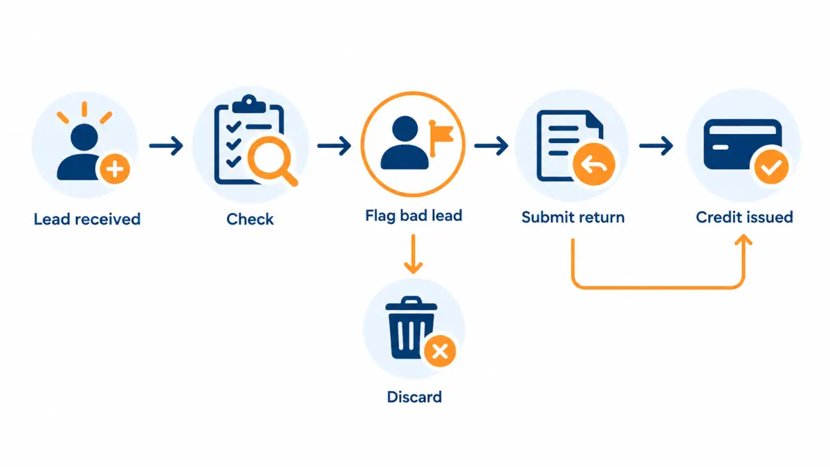Flowchart of a lead return and credit process from lead received to credit issued