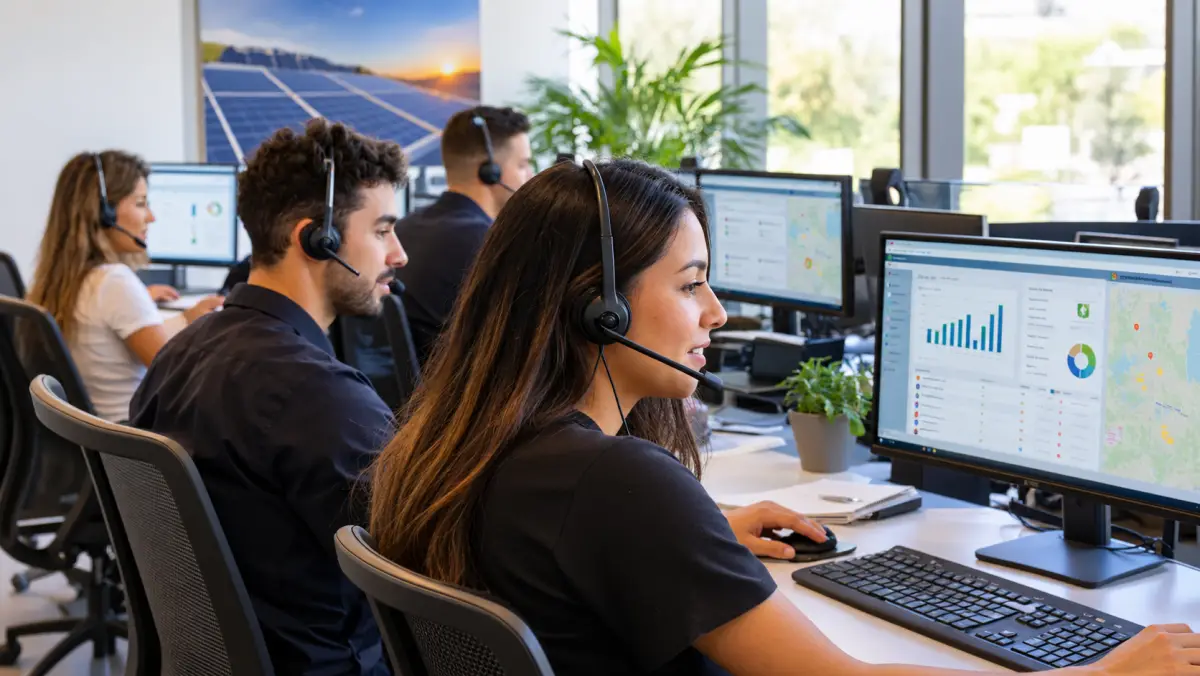Inside sales team with headsets making calls at desks with CRM dashboards on monitors