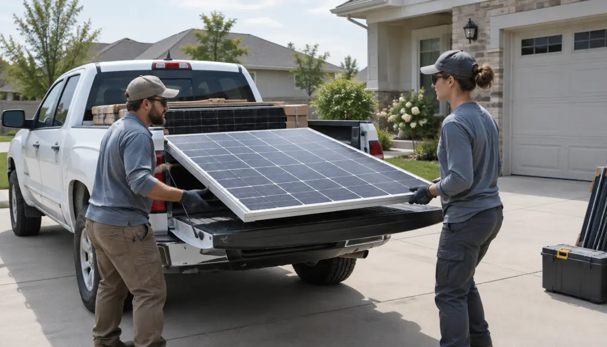 Small residential solar crew unloading panels from a pickup truck in a suburban driveway