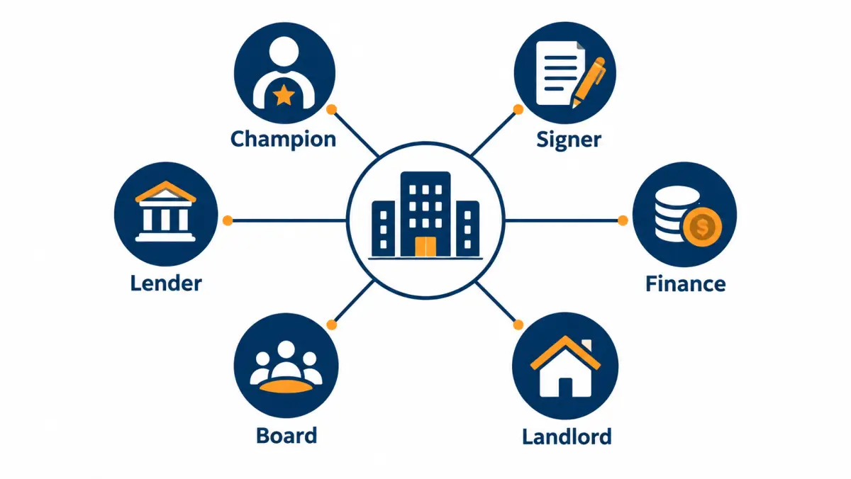 Stakeholder map diagram connecting a building to champion, signer, finance, landlord, board and lender roles
