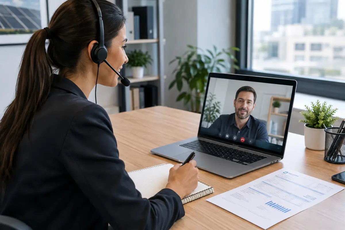 Solar sales rep on a video call with a printed commercial electricity bill on the desk