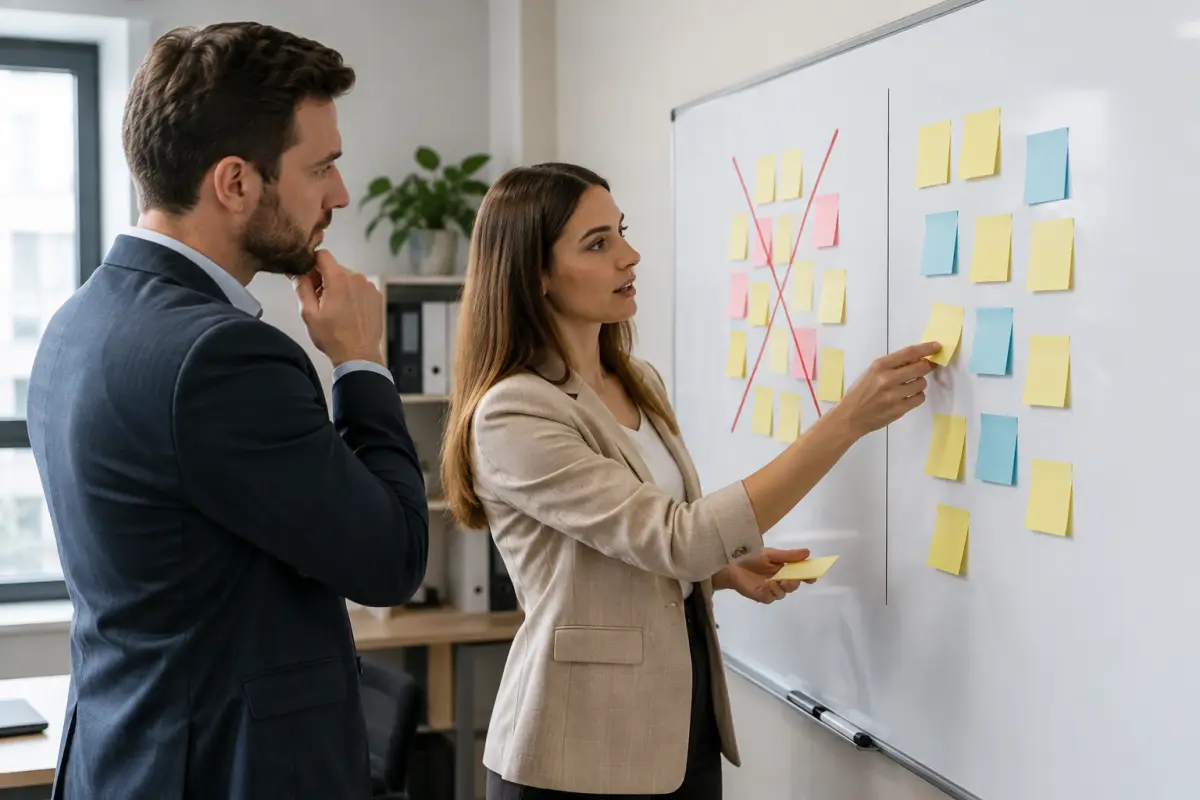 Sales manager and rep sorting sticky notes into qualified and disqualified columns on a whiteboard