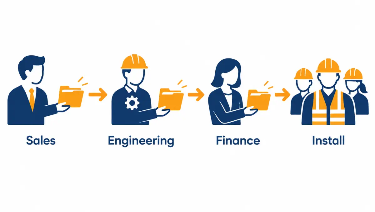 Handoff diagram passing a folder from sales to engineering to finance to installation