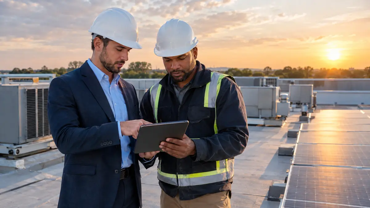 Commercial solar account executive and a facilities manager reviewing a tablet on a flat warehouse roof