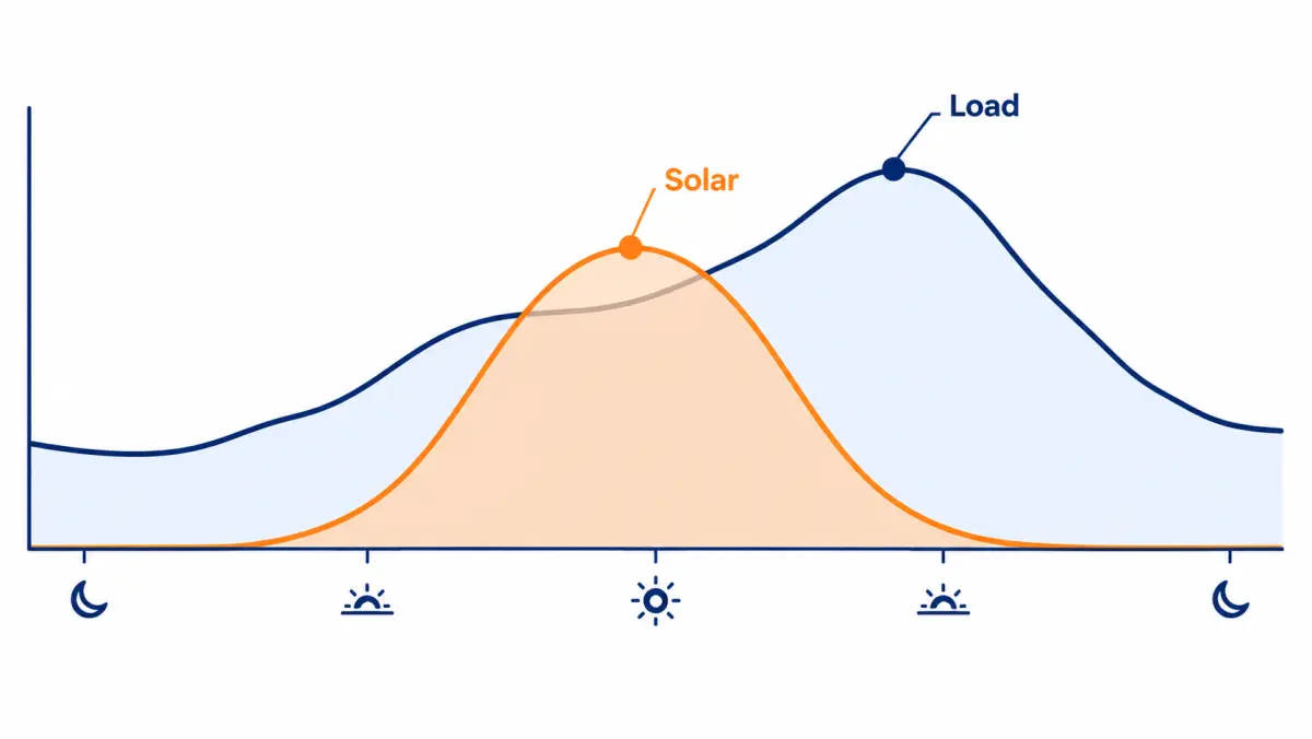 Line chart of a building's daily load profile with an afternoon peak and a solar production curve