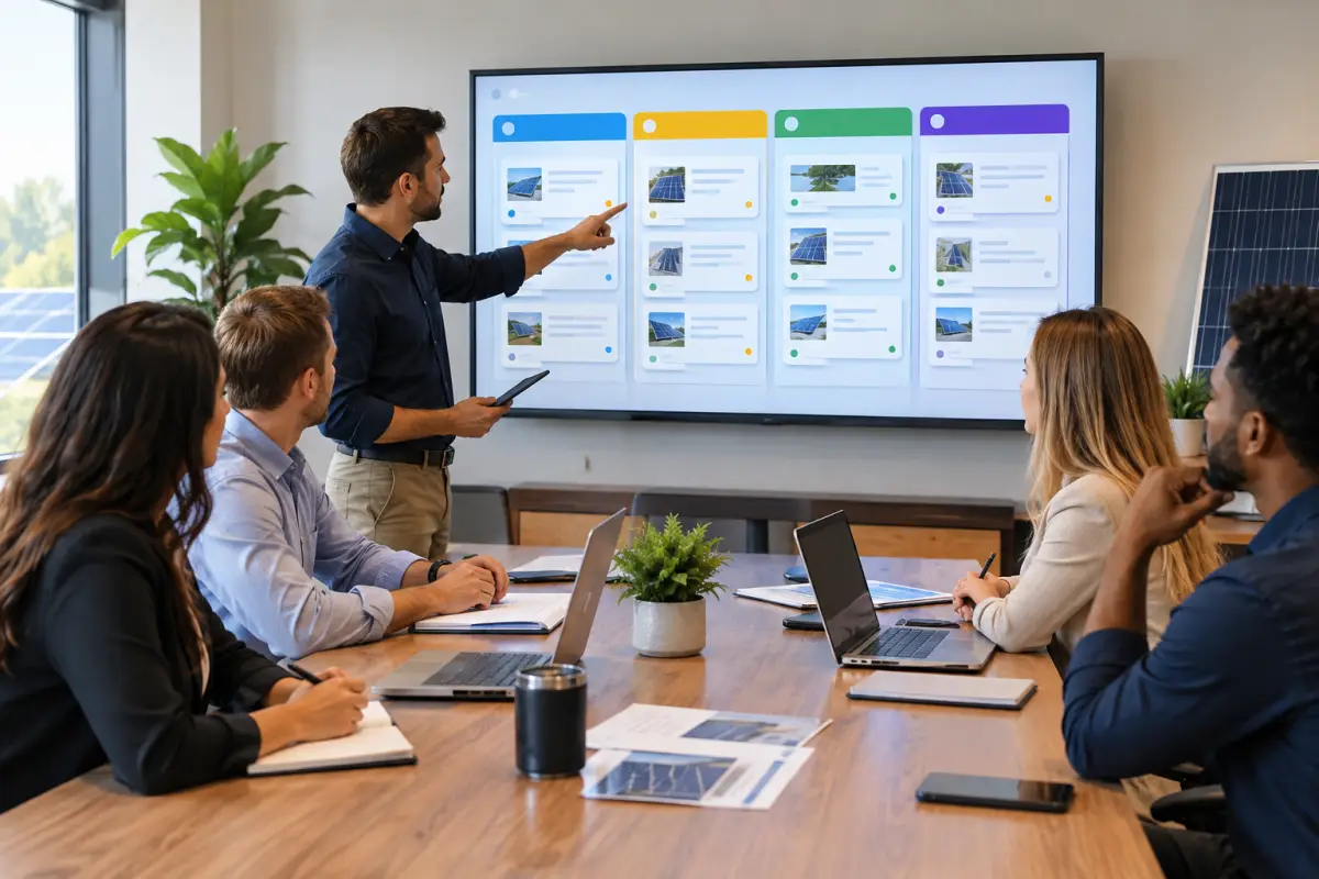 Commercial solar sales team in a weekly pipeline meeting reviewing a kanban board on a wall screen