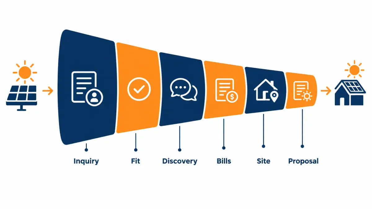 Funnel diagram of commercial solar qualification stages from inquiry to proposal