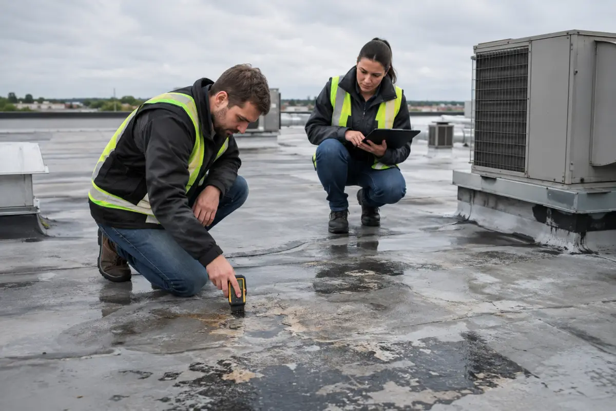 Two technicians inspecting an aging commercial membrane roof with a moisture meter