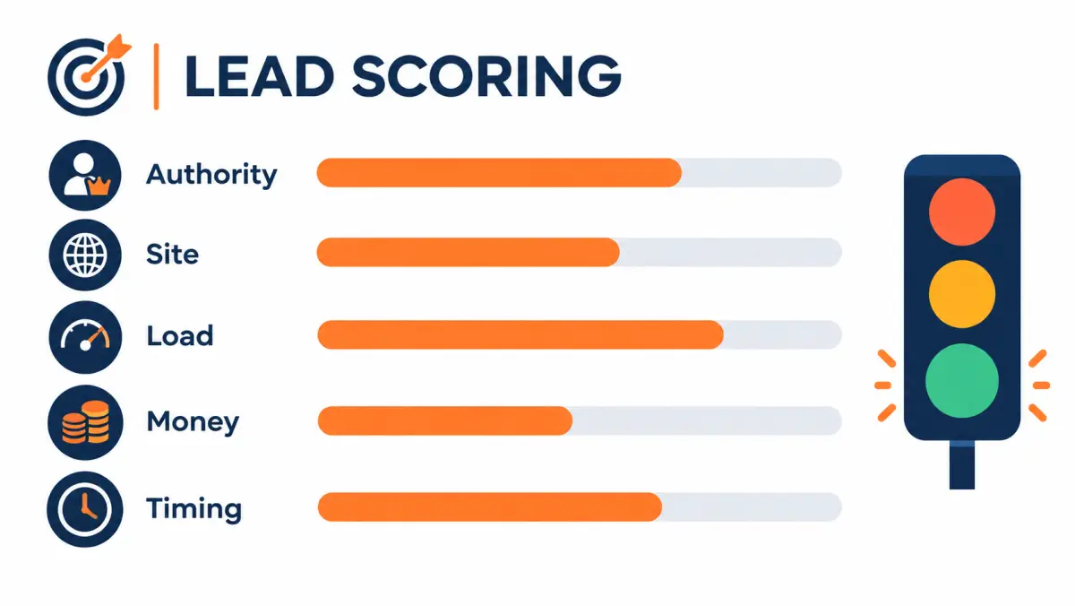 Lead scoring scorecard with bars for authority, site, load, money and timing