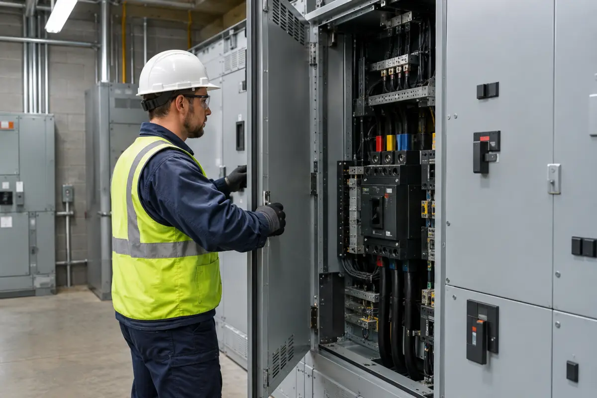 Electrician opening a commercial switchgear panel in a building electrical room