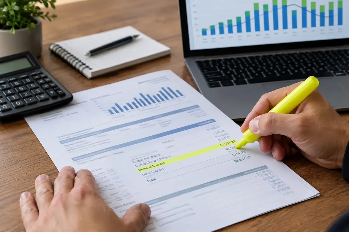 Hands highlighting demand charges on a commercial utility bill next to a laptop energy chart