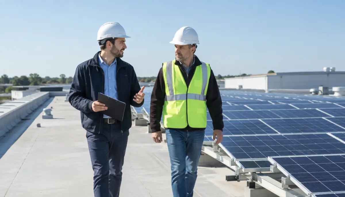 Solar sales rep and a facilities manager walking across a flat commercial rooftop reviewing space for panels
