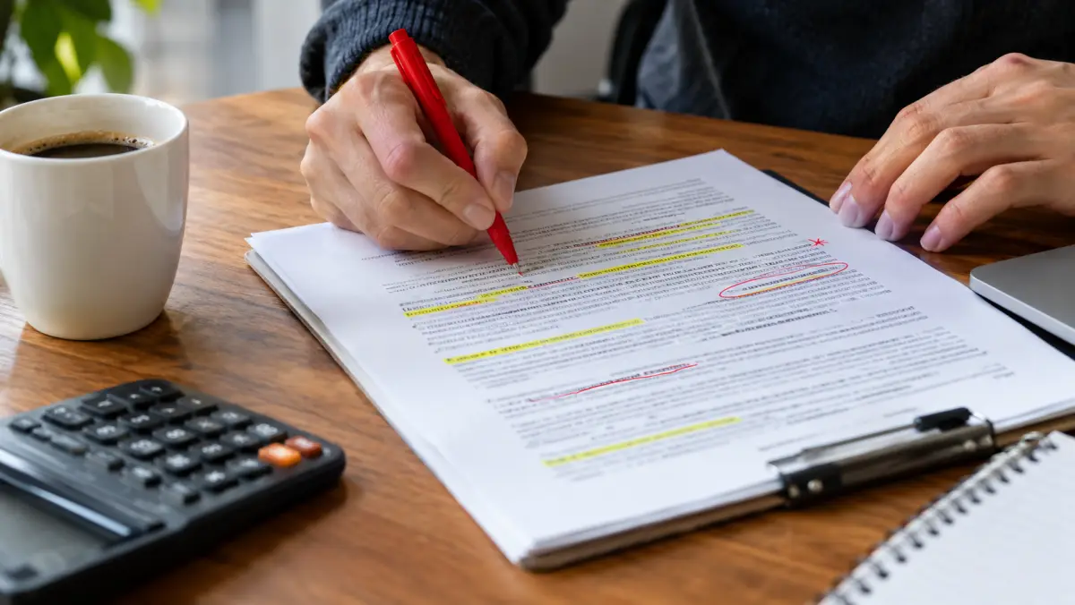 Lead vendor agreement on a desk with handwritten redline edits and margin notes on key clauses