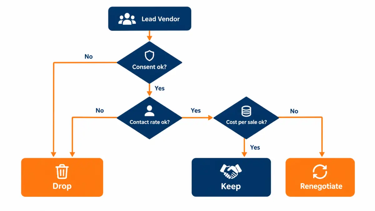 Decision tree diagram routing a buyer from lead type to the most important vetting checks for each type