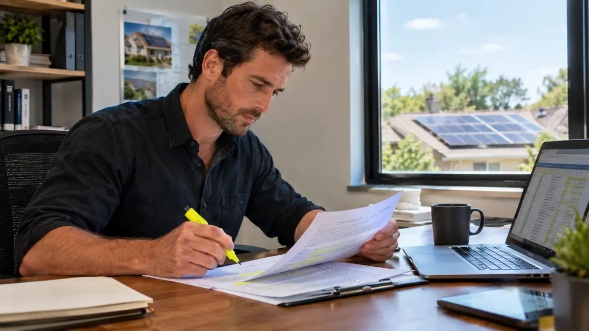 Solar company owner reviewing a lead vendor contract and spreadsheet at a desk
