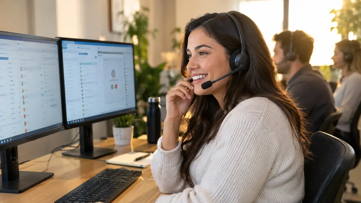 Solar sales rep at a desk on a headset speaking with a homeowner on a first call, with a CRM screen open