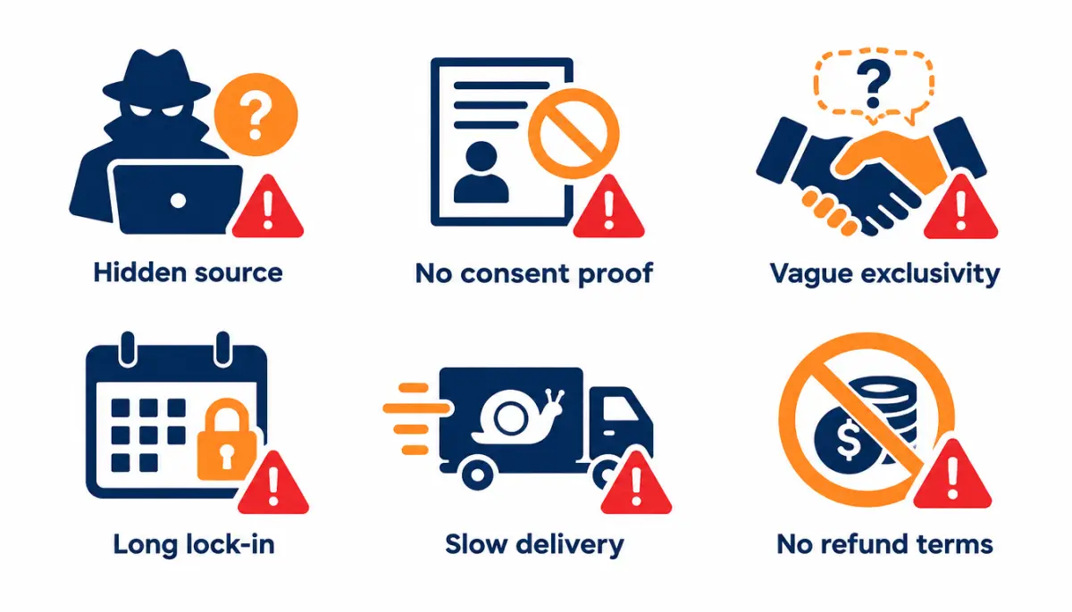 Grid of warning icons representing solar lead vendor red flags grouped by severity