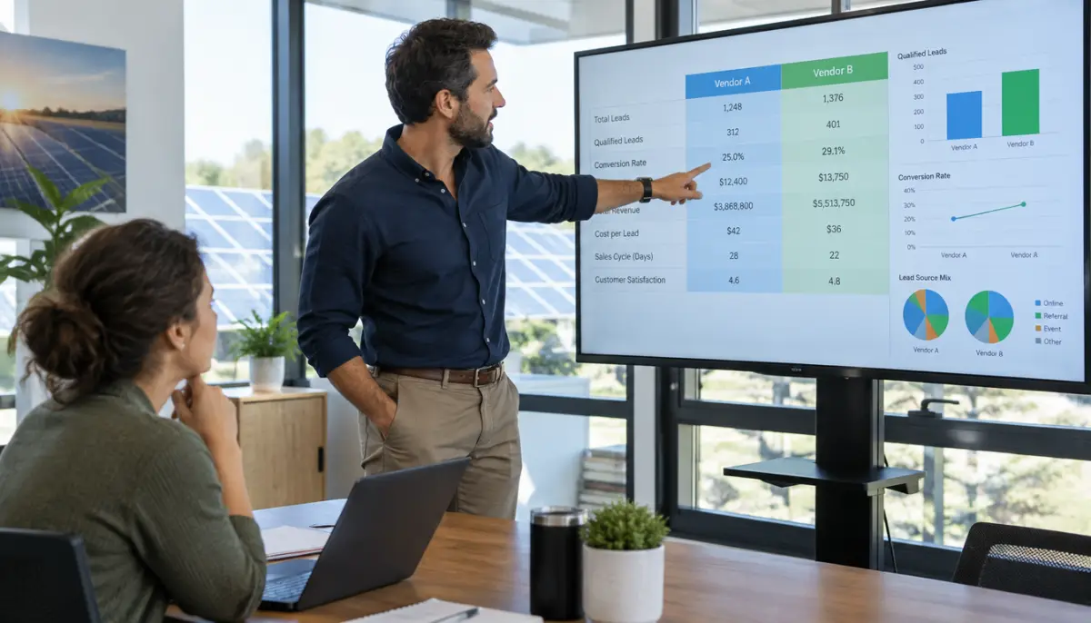 Dashboard on a monitor comparing lead vendors with bar charts and funnel stages, no numbers visible